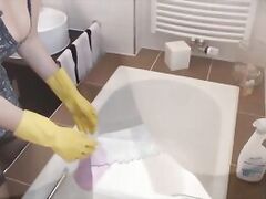 MILF gets pounded when cleaning the bathroom